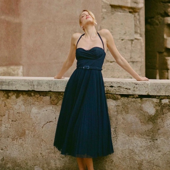Hutch Dresses & Skirts - Hutch Anthropologie Rumor Sweetheart Pleated Tulle Midi Dress Navy Blue Womens 2